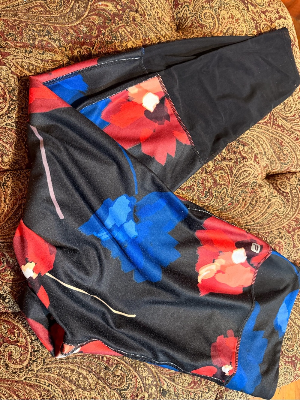 Fabletics Black Leggings with Blue & Red Floral Accents
